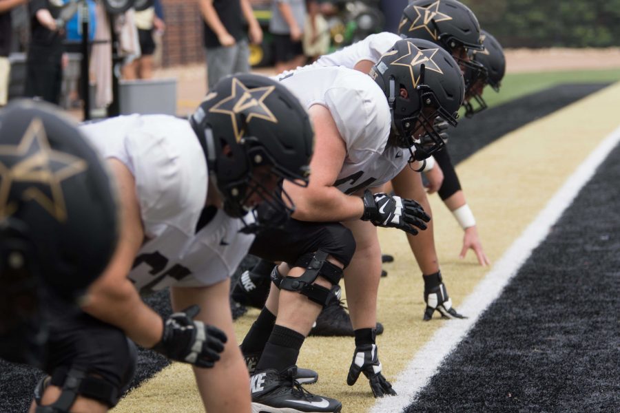 Vanderbilt football players practice on Thursday, August 16, 2018. (Photo by Claire Barnett)