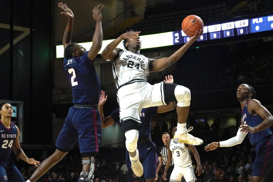 Aaron Nesmith finishes through traffic in the first half of Vanderbilt's matchup against South Carolina State on Friday night.