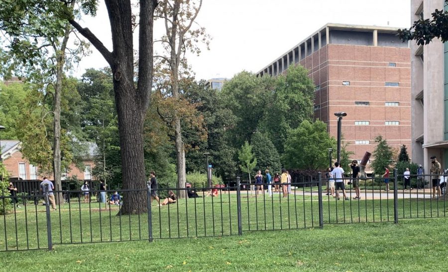 Students outside of McTyeire following a fire alarm