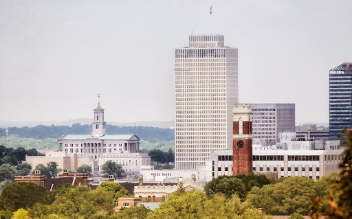 An aerial view of the Tennessee State Capitol and Kirkland Hall at Vanderbilt University in Nashville.