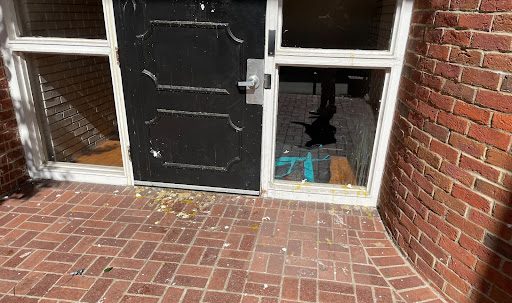 Remnants of broken eggs in front of the Pi Kappa Alpha fraternity house