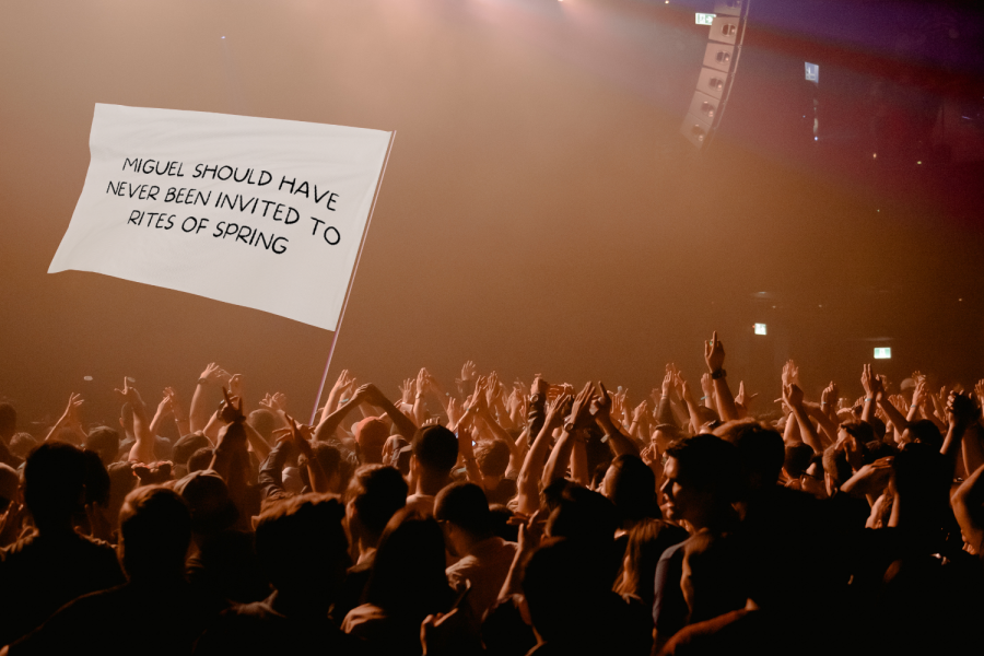 graphic showing a crowd with a flag reading "Miguel should have never been invited to Rites of Spring"
