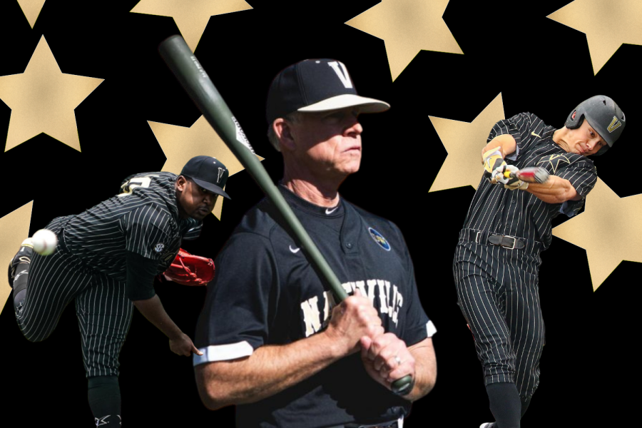 Vanderbilt’s head coach Tim Corbin with former players Kumar Rocker and Bryan Reynolds. Photos courtesy of Vanderbilt Athletics.
