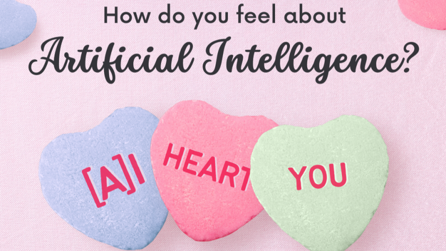 Photo with the phrase “How do you feel about Artificial Intelligence?” and three candy hearts. (Photo courtesy of the Center for Digital Humanities)