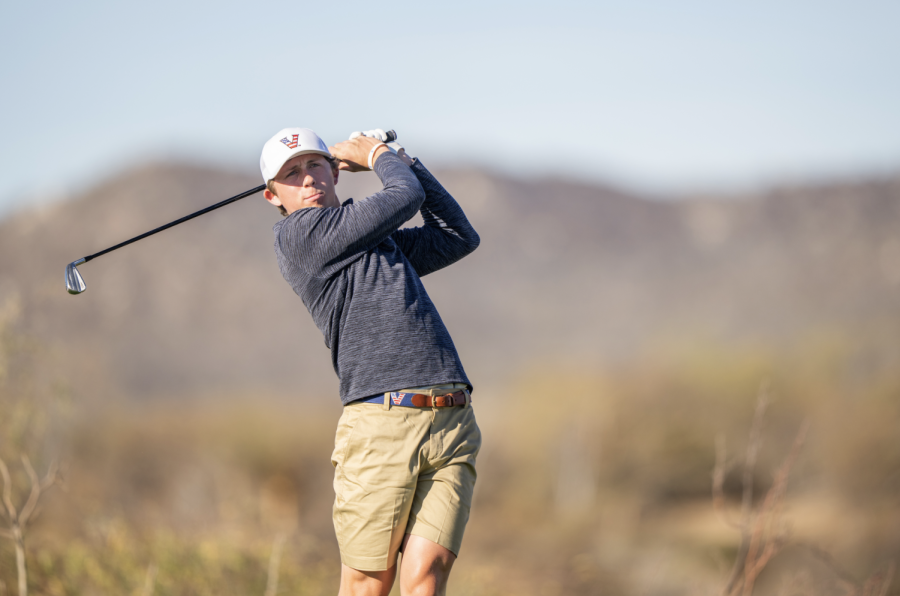 Gordon Sargent hits an iron shot on Mar. 5, 2023. (Vanderbilt Athletics)