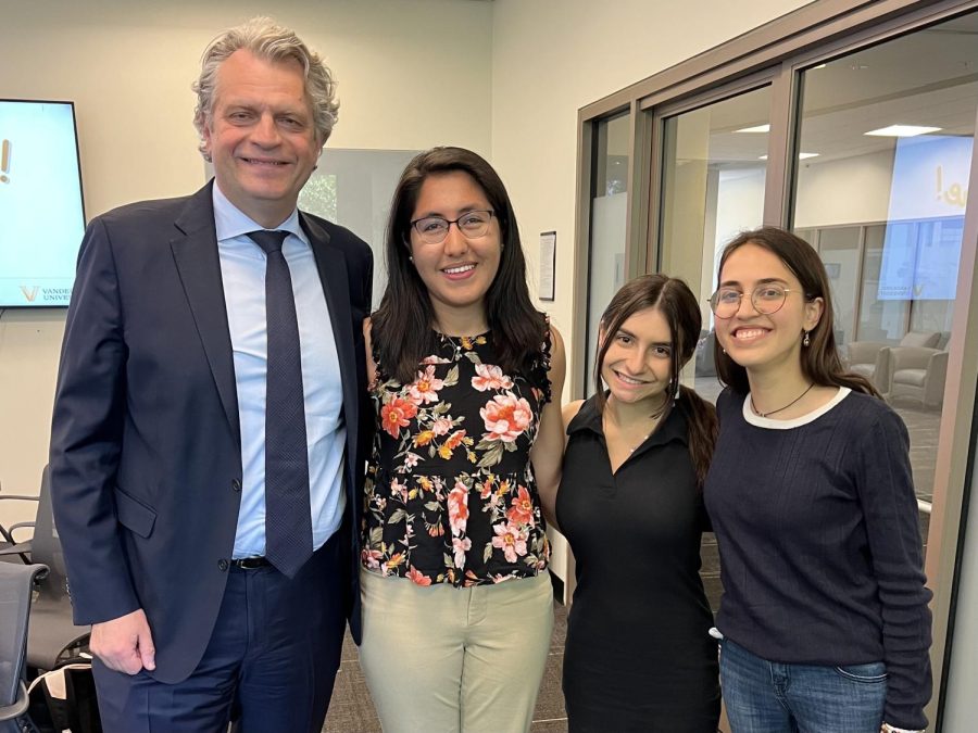 Chancellor Daniel Diermeier with Hustler Deputy News Editor Brina Ratangee, Editor-in-Chief Rachael Perrotta and News Editor Aaditi Lele (left to right), as photographed on April 19, 2023. (Photo courtesy of Julia Jordan)