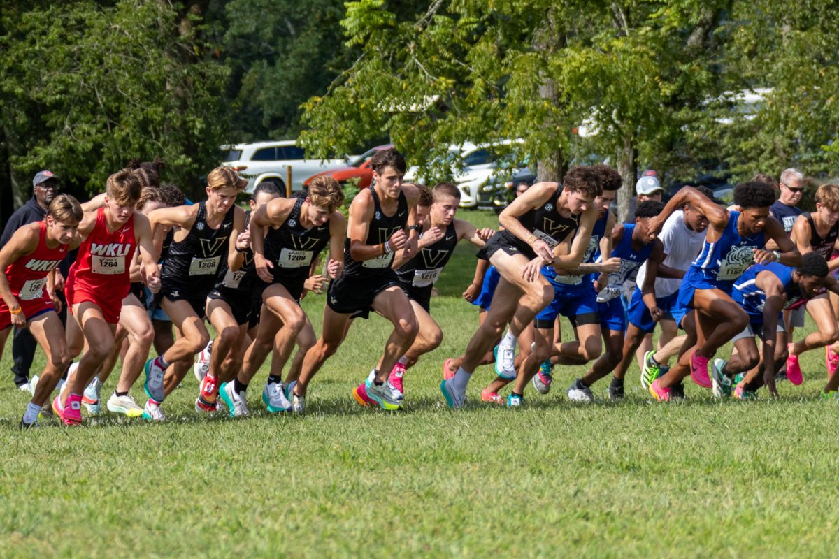 The men's cross country team at the starting line, as photographed on Sept. 1, 2023. (Hustler Multimedia/Barrie Barto)