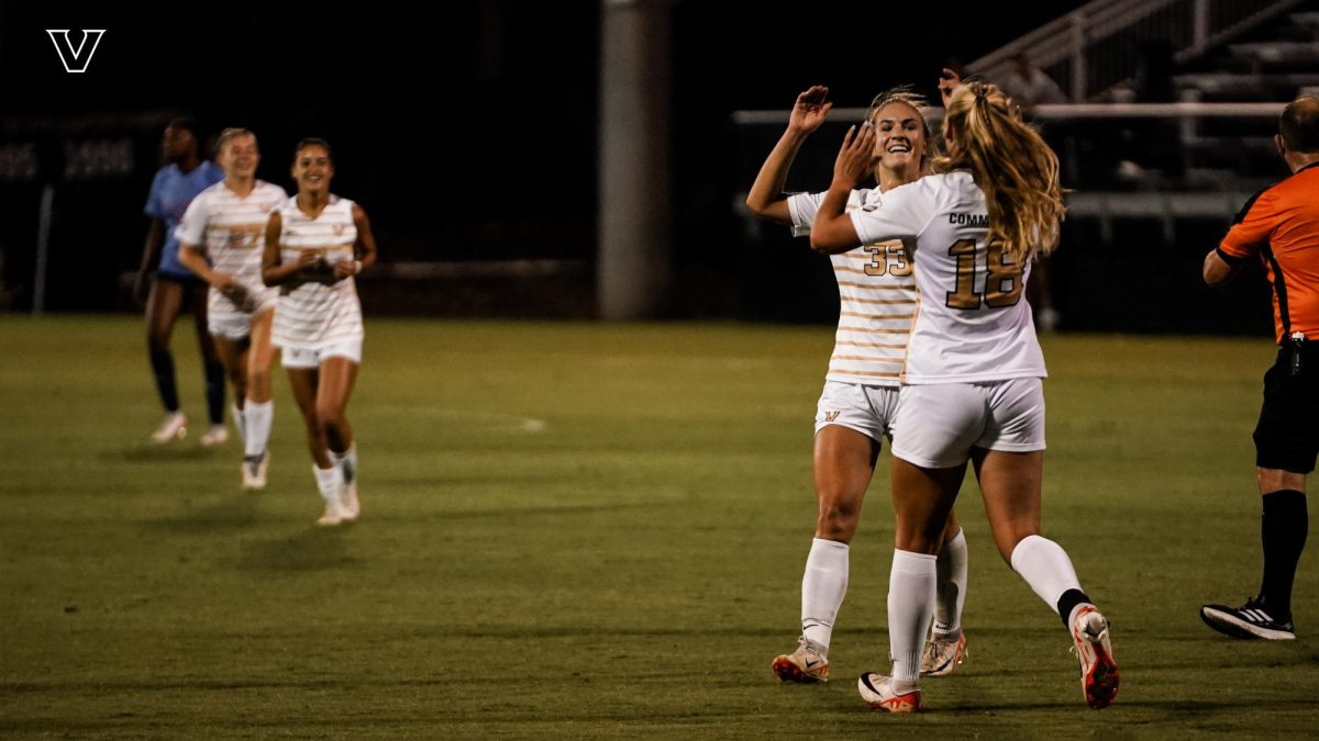 Vanderbilt celebrates Abi Brighton's goal on Sept. 21, 2023 (Vanderbilt Athletics).