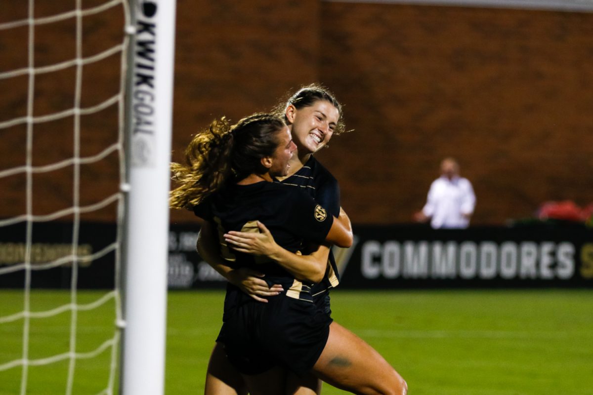 Mia Castillo celebrates after scoring the Commodores' lone goal, as photographed on Sept. 7, 2023. (Barrie Barto/Hustler Multimedia)