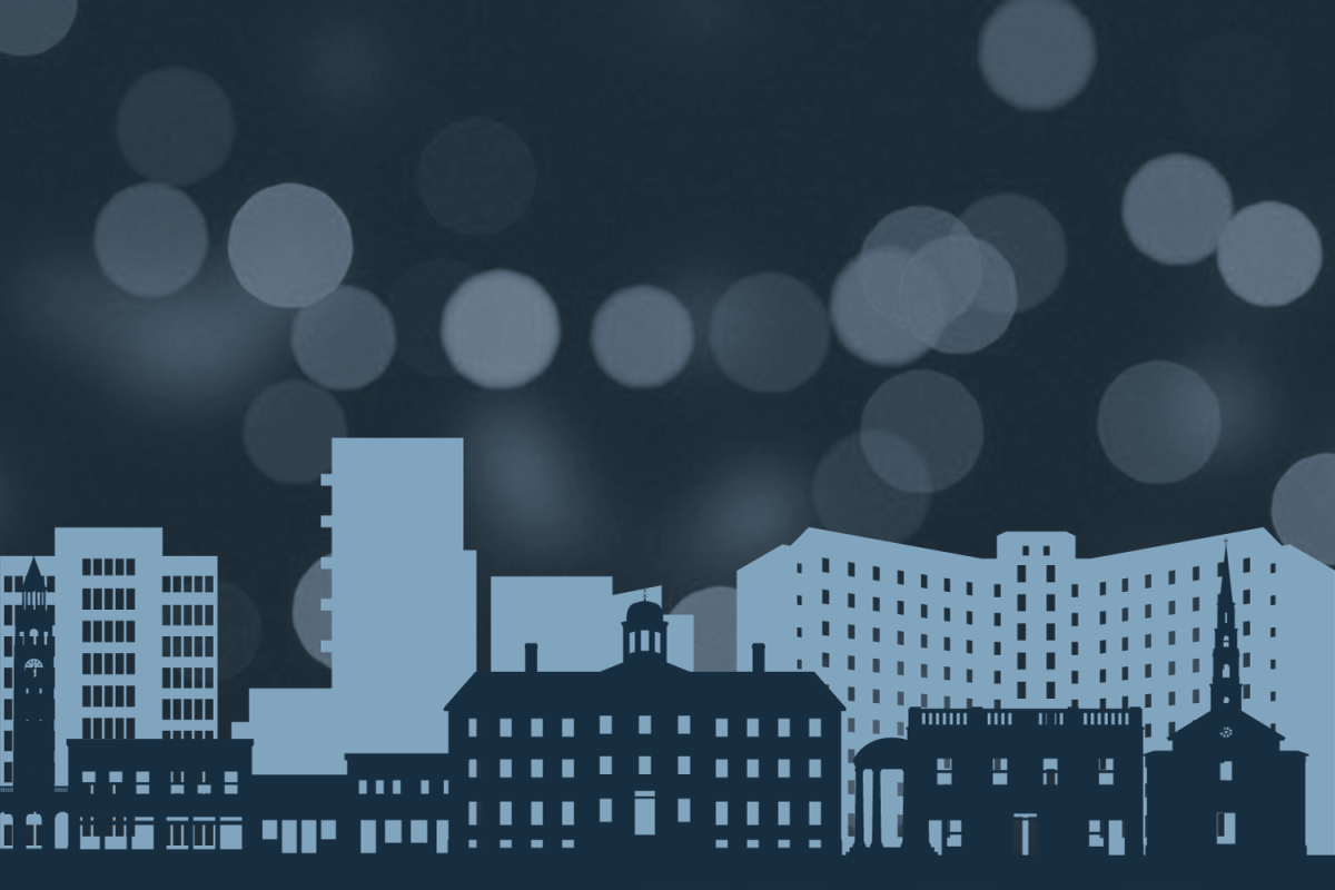 A graphic depicting the Chapel Hill skyline in Carolina blue. (Hustler Multimedia/Lexie Perez)