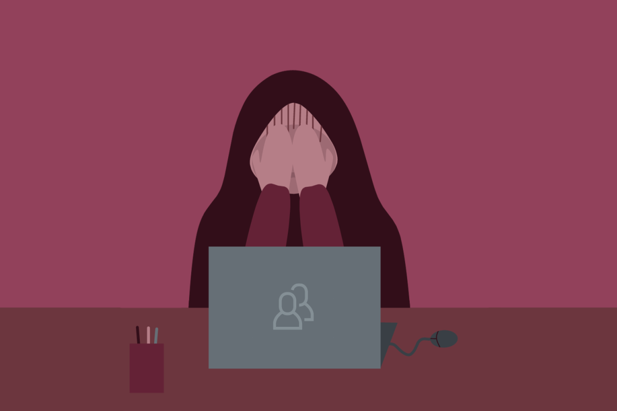 Graphic depicting a student feeling overwhelmed while working on schoolwork (Hustler Multimedia/Lexie Perez).