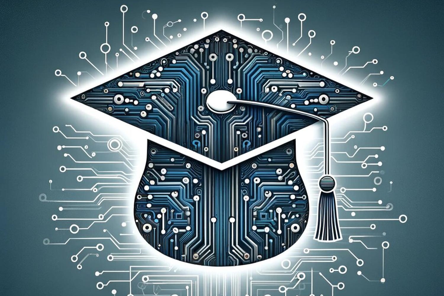 AI generated image depicting a graduation cap made out of a circuit board. Graphic generated using DALLE through ChatGPT. (Hustler Staff/Daniel Sak)