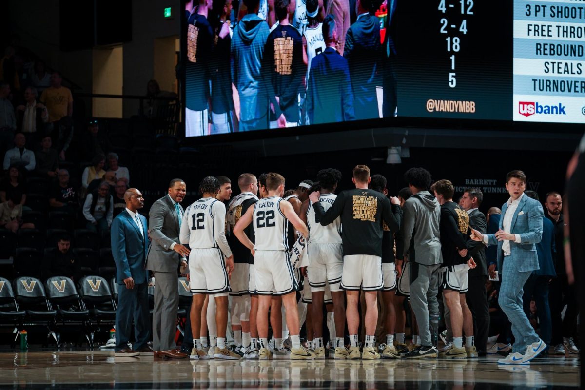 The Vanderbilt Commodores huddle during their game against Missouri, as photographed on Feb. 3, 2024. (Hustler Multimedia/Kadyn Lee)