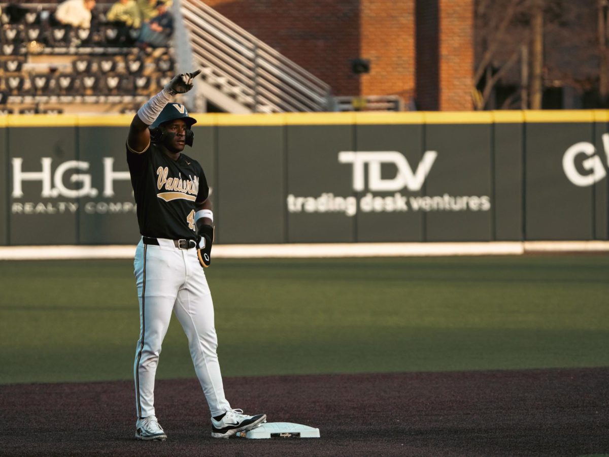 RJ Austin stands on base after a hit against EKU, as photographed on Feb. 21, 2024. (Hustler Multimedia/Ophelia Lu)