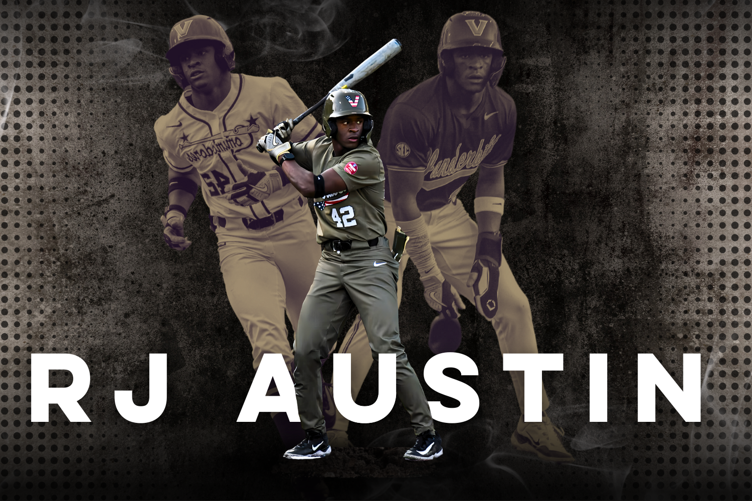 RJ Austin looks at an opposing pitcher with base running in the background. (Hustler Multimedia/Vince Lin)