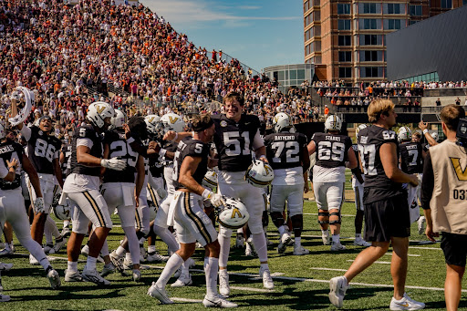 Vanderbilt players celebrate a win over Virginia Tech, as photographed on Aug. 31, 2024. (Hustler Multimedia/Miguel Beristain)