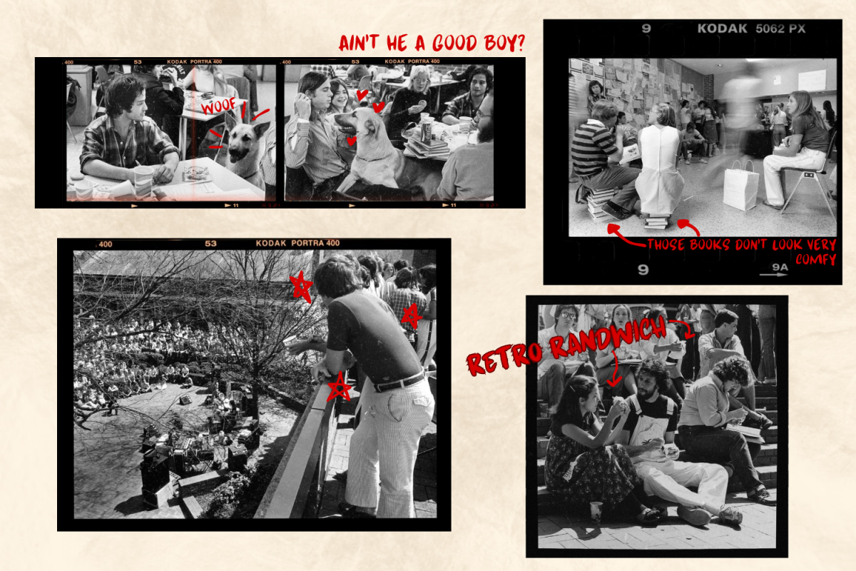 Graphic depicting vintage black-and-white photographs of Rand Hall including students gathering for lunch, listening to a concert and interacting with dogs. (Hustler Multimedia/ Sam El-Shammaa)