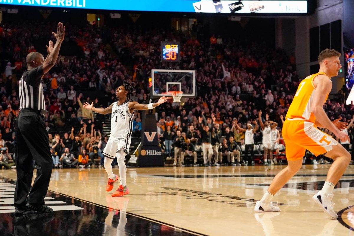 Jason Edwards celebrates a made 3-pointer with the Vanderbilt student section, as photographed on Jan. 18, 2025. (Hustler Multimedia/Connor Campbell)