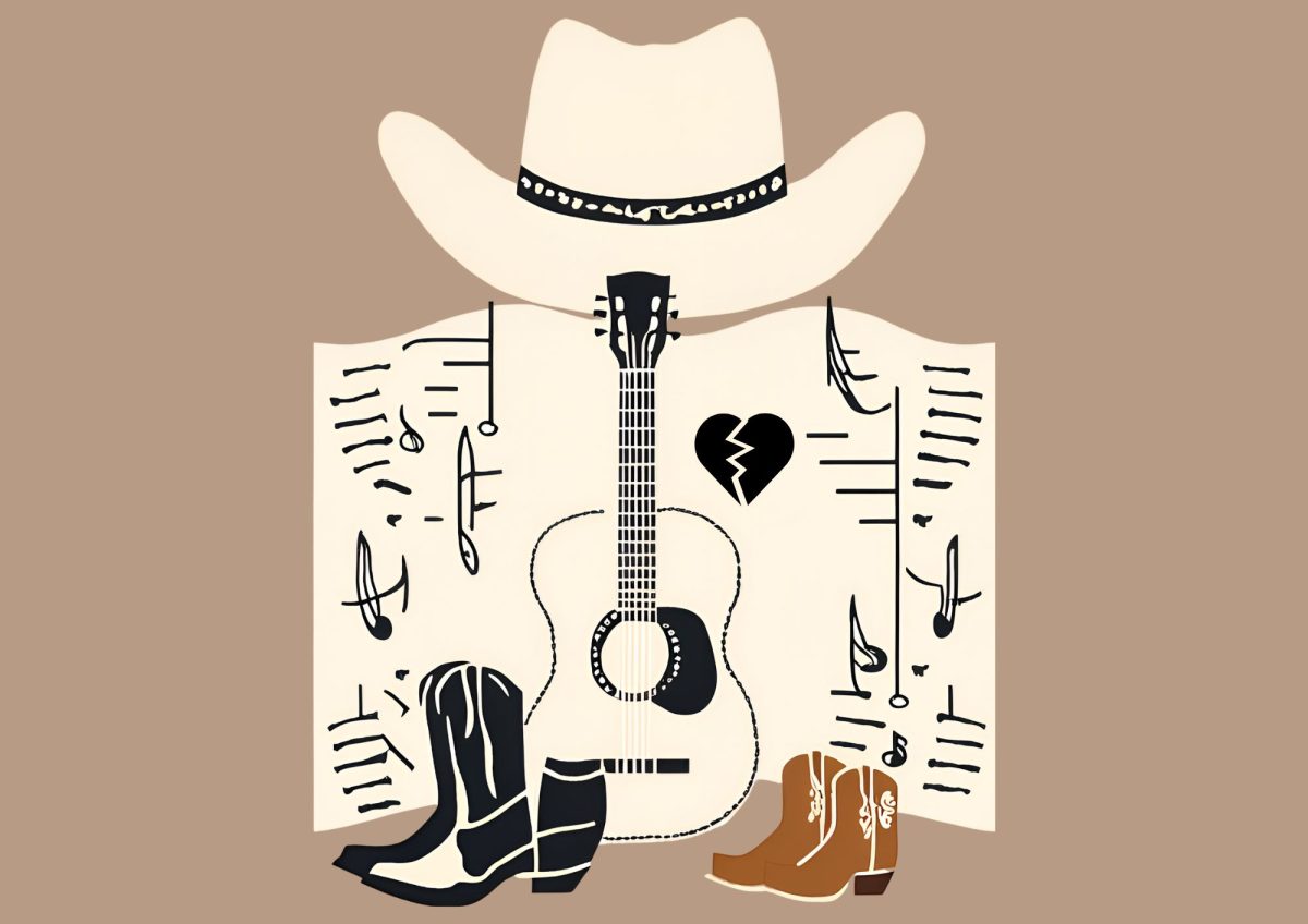 Graphic depicting Western elements such as a cowboy hat and boots with musical notes surrounding a guitar and a broken heart. (Hustler Staffer/Rachel Marlowe)