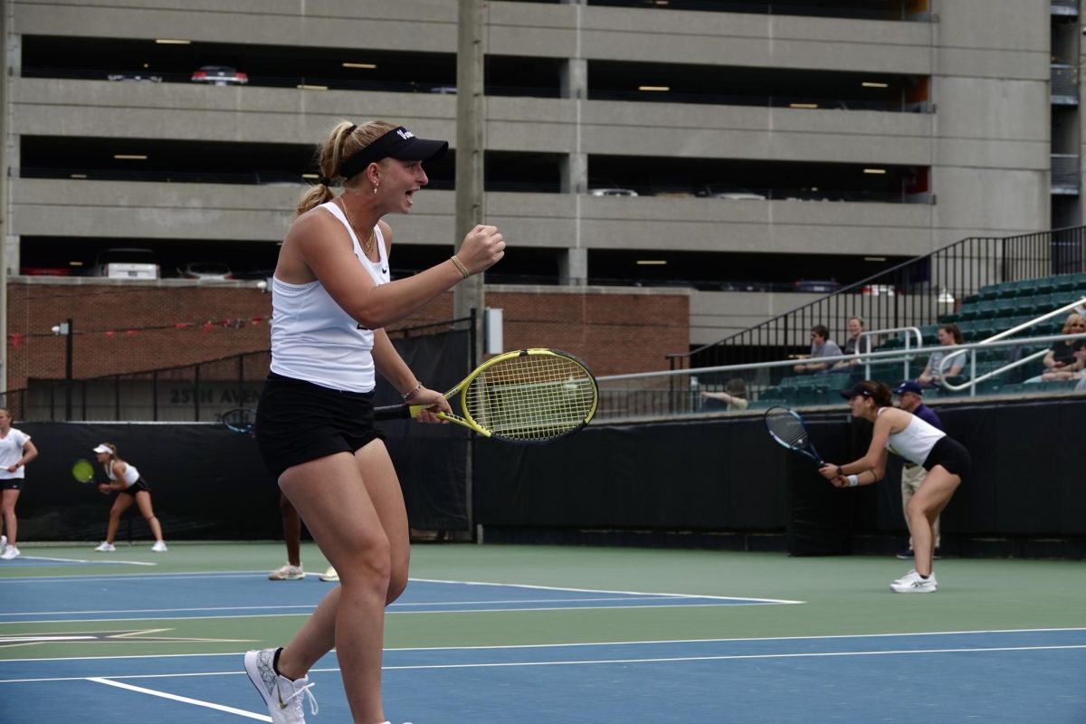 A Vanderbilt Women's Tennis player celebrates a point, as photographed on March 28, 2025. (Hustler Multimedia/ Sofia Healy)