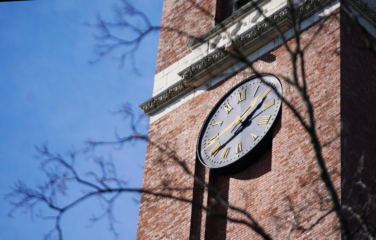 Up-close photo of the clock on top of Kirkland Hall that reads about 2:45 p.m. CST, as photographed on Feb. 23, 2025. (Hustler Multimedia/George Albu)
