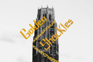 Graphic depicting West End Tower with golden shackles across it and the title "Golden Shackles." (Hustler Multimedia/Lexie Perez)