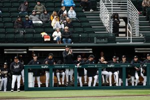 Vanderbilt Baseball lines the dugout, as photographed on February 18, 2025. (Hustler Multimedia/Barrie Barto)